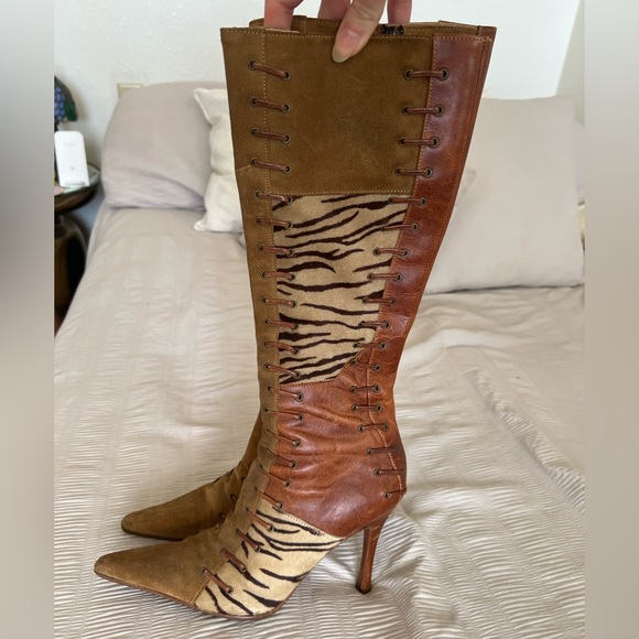 Patchwork Lace Up High Heels Boots
